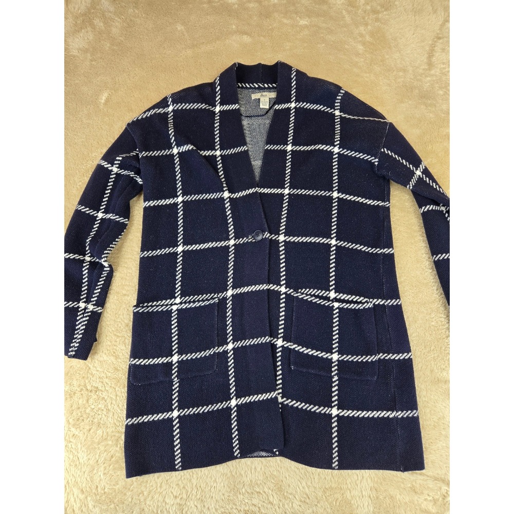Bass Womens Navy Blue White Windowpane Plaid Cardigan Sweater Pockets‎ Small S